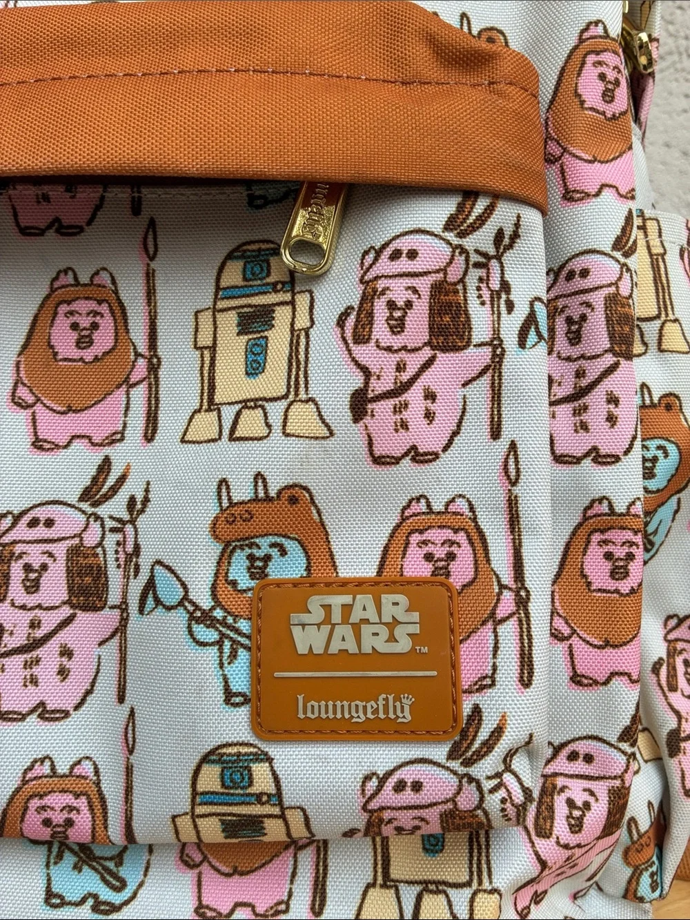 Star Wars & Loungefly Backpack in Multi Pastel Print  Ewoks & R2D2. Worn